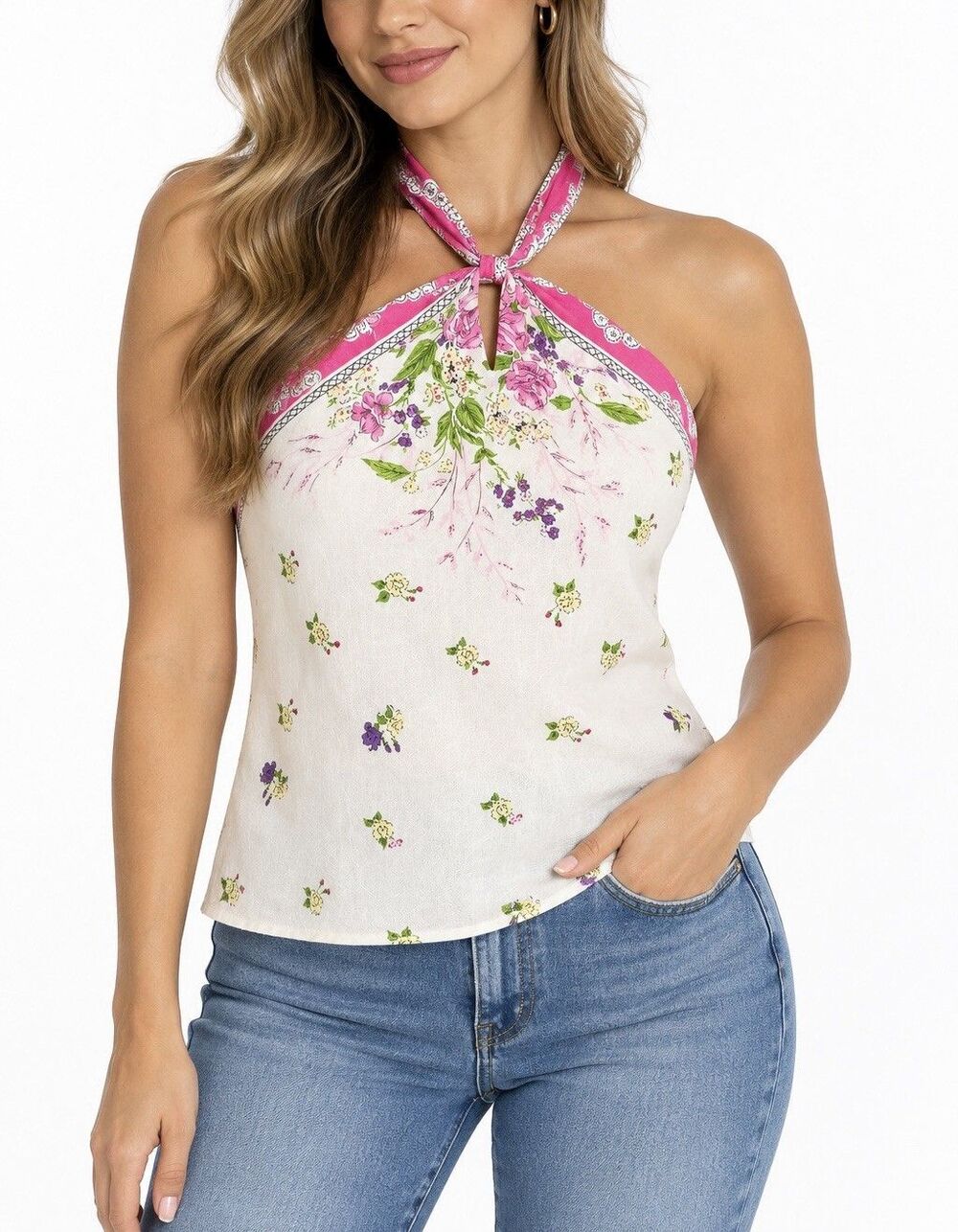 Ann Taylor LOFT Women’s Size 12 Floral Halter Top Pink Ivory Tie Neck Y2K